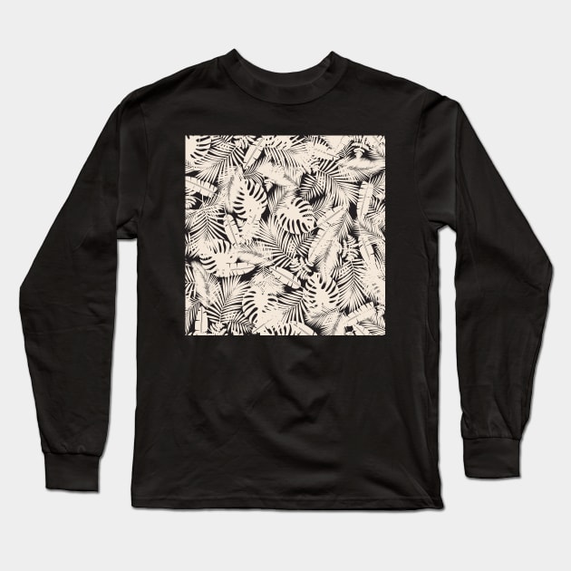 Tropical Leaves in Black and Ivory Long Sleeve T-Shirt by matise